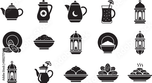 Islamic Ramadan Hospitality Icon Set Featuring Traditional Dates, Iftar Food Bowls, Teapots, and Lanterns