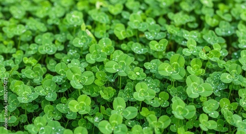 A vibrant green clover field with dew drops on the leaves.