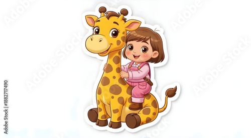 Baby Girl Riding Cute Yellow Cartoon Giraffe Sticker