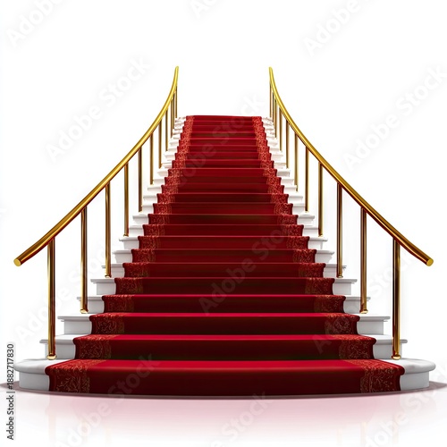 Red carpet and golden rails of elegant stairs isolated on white background