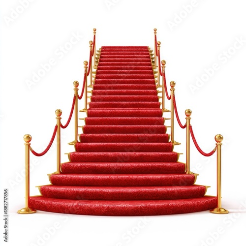Red carpet and golden stanchions leading upwards on a white background