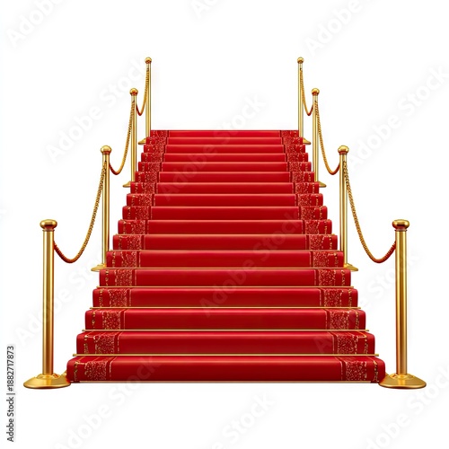 Red carpet on golden stanchions isolated on white background for events