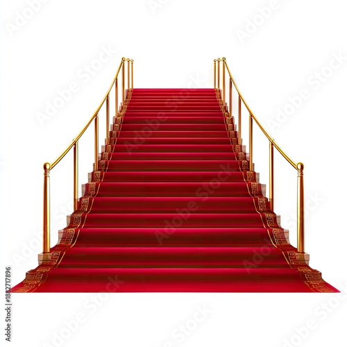 Red carpet staircase with golden rails on white background