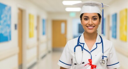 A young nurse in a hospital corridor, wearing a white uniform and a graduation cap, with a red ribbon and a stethoscope around her neck.