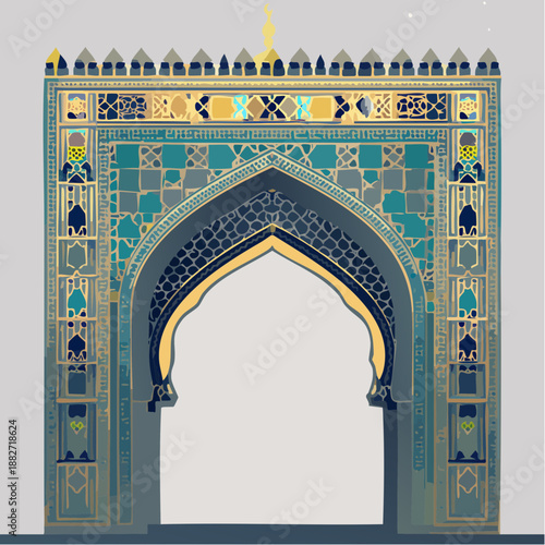 Ornate Islamic archway with intricate patterns and geometric shapes, viewed from a straight-on perspective
