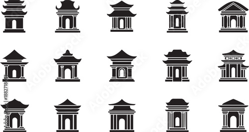 Collection of Traditional Asian Architecture Silhouettes Featuring Pagoda and Temple Style Buildings