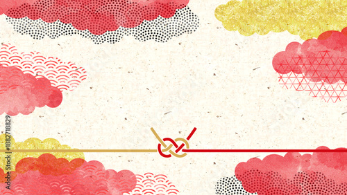 和紙テクスチャに和柄の雲と水引をあしらった和風ベクター背景。和紙背景に雲文様と水引を配置した上品な和風デザイン背景。Japanese washi paper texture background with traditional cloud patterns and mizuhiki.