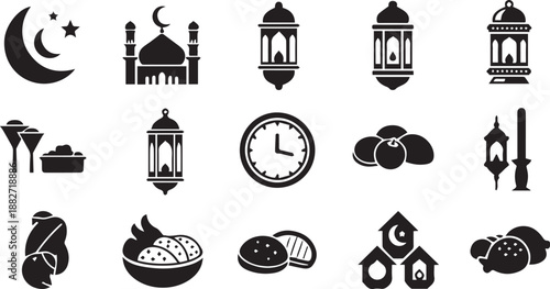Islamic Ramadan Icon Collection Featuring Mosque Silhouettes, Traditional Lanterns, and Festive Food Delicacies