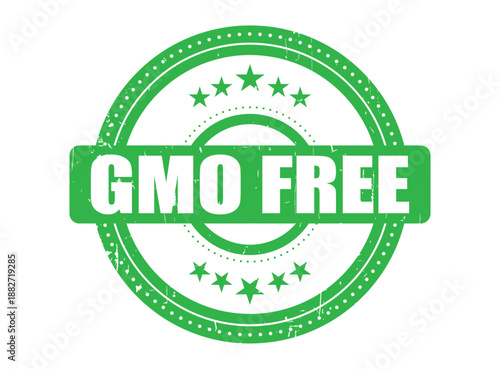 GMO FREE Rubber Stamp Seal with a grunge texture and stars, circular design for food products and organic certification.