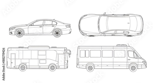 Architectural CAD Vehicle Vectors – Car, Bus, Minibus Outlines