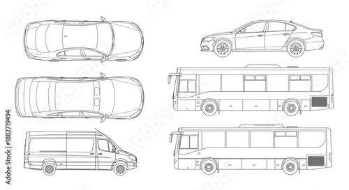 Technical Vehicle Vector Set – CAD Car, Bus, Minibus Silhouettes