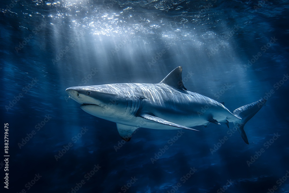 Fototapeta premium A fierce shark moving silently in deep blue water, its sleek body reflecting light beams from above 