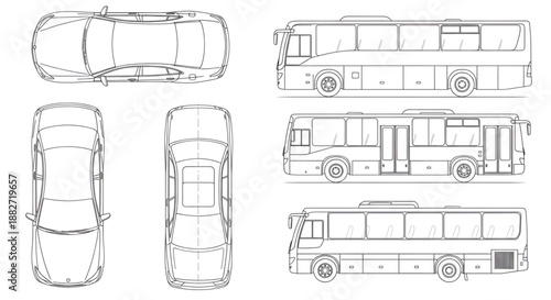Technical CAD Vehicle Illustration – Car, Bus, Minibus Silhouettes