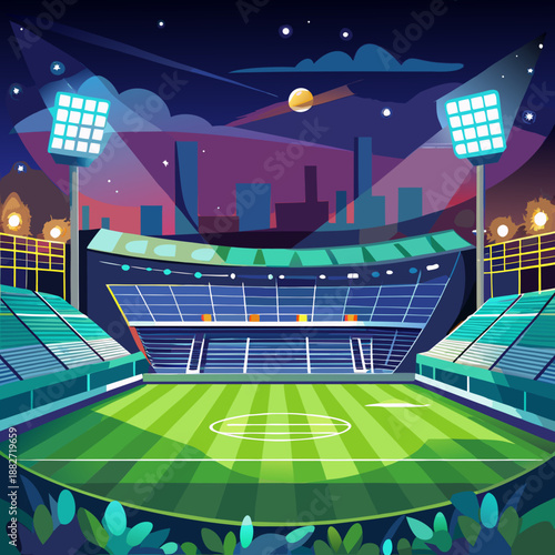 Football Stadium at Night with Floodlights Vector Illustration