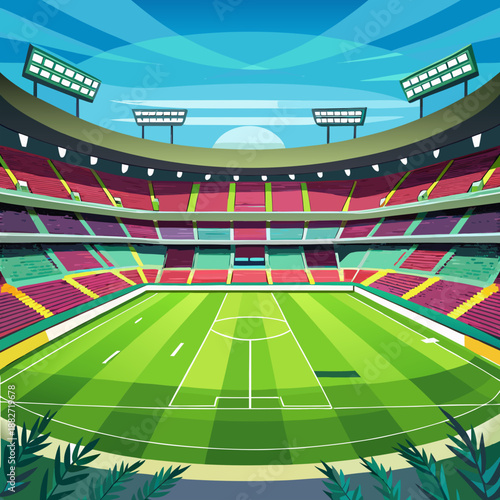 Modern Football Stadium with Green Field Daytime Vector Illustration