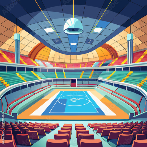 Modern Indoor Sports Arena with Blue Court and Empty Seats Vector Illustration