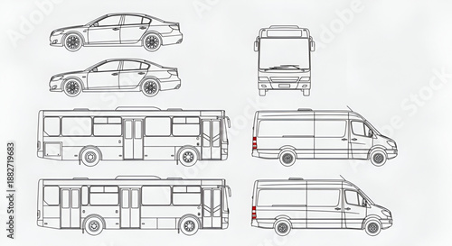 Top and Side View CAD Vehicle Silhouettes – Car, Bus, Minibus Vector