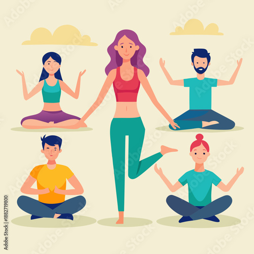 Group of People Practicing Yoga Meditation Flat Vector Illustration