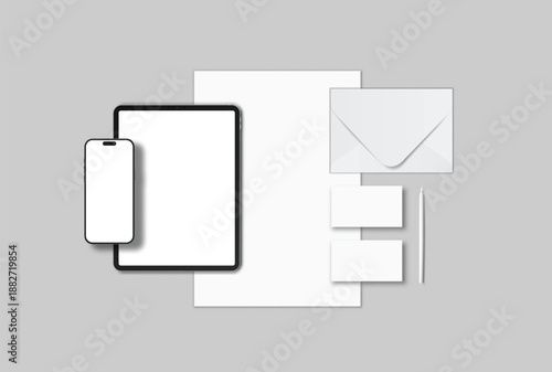 Minimal device and stationery mockup with smartphone, tablet, blank paper sheets, cards and pen arranged on light gray background. Clean flat lay layout for branding, UI presentation templates.
