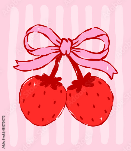 Whimsical Valentine Coquette red strawbery cherry tied with pink ribbon bow hand drawn