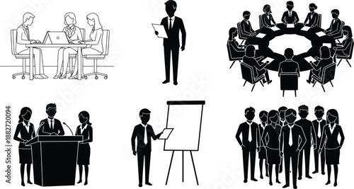 Business people silhouettes collection showing meetings, presentations, teamwork, leadership, corporate training and office collaboration scenes in clean black vector style