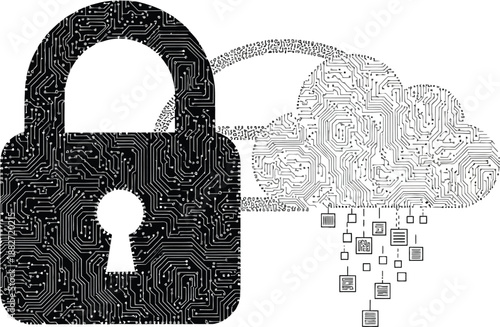 Black padlock with circuit board design next to leaking data cloud