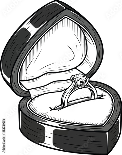 A diamond ring sits in an open jewelry box on a white background.