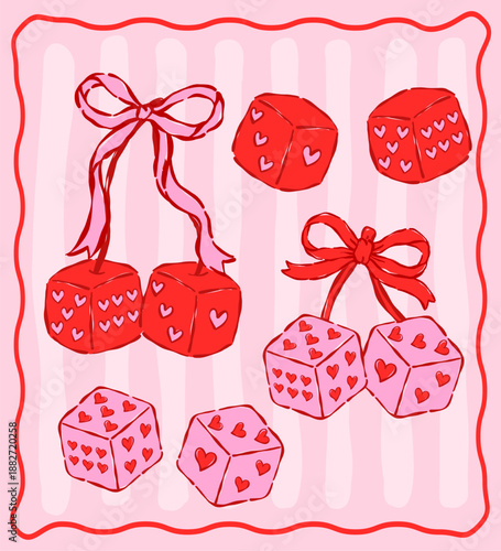 Whimsical Valentine Dice with heart symbols Cherry Coquette hand drawn in bold playful retro line art