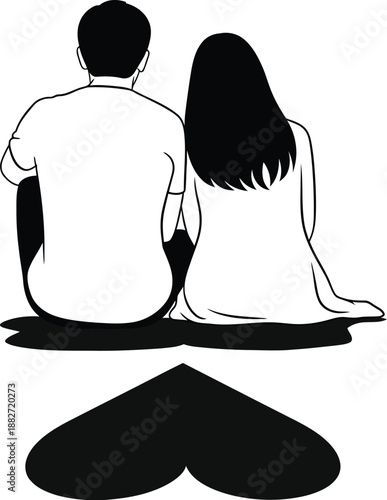 A loving couple sitting together in a romantic setting with a heart symbol