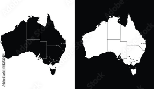 Australia map silhouette comparison showing black and white country outlines with state borders, modern vector geography illustration isolated on contrasting backgrounds