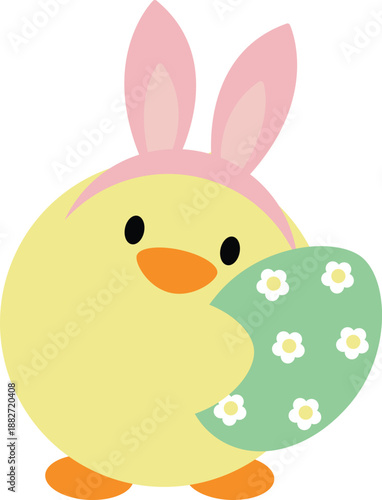 Cute Easter Chick with Bunny Ears and Egg