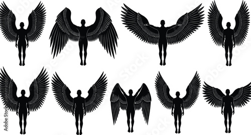 Angel wings silhouette collection featuring human figures with spread wings isolated black vector illustration for fantasy, mythology, tattoo, design