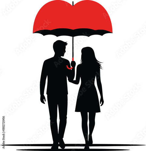 A couple walks together under a red umbrella on a rainy day