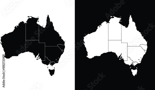 Australia map silhouette set with state borders, black and white vector illustration showing country outline geography isolated on contrasting backgrounds