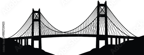 Black silhouette of a suspension bridge with cables and towers