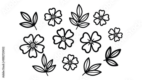 Set of simple black outline doodle flowers and botanical leaf elements