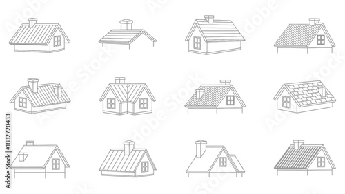 Collection of twelve outline illustrations of traditional house roof styles