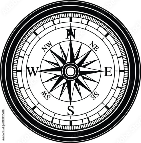 Black and white illustration of a classic navigation compass for direction and orientation purposes easily