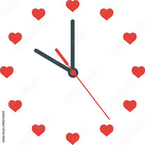 A clock with red hearts around it on a white background, symbolizing love and time.