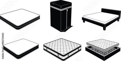 Mattress and bed furniture silhouettes set illustration showing modern bedding designs, storage mattress and bed frames isolated on white background