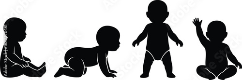 Baby growth stages silhouettes set illustration showing crawling sitting standing infant poses, black child figures isolated on white background