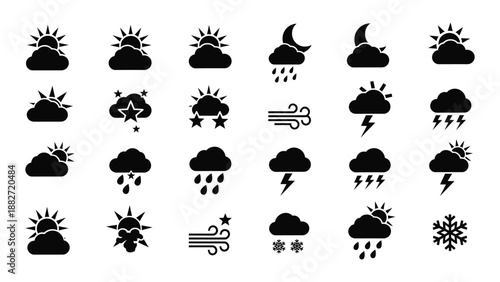 Collection of black and white weather icons showing different conditions