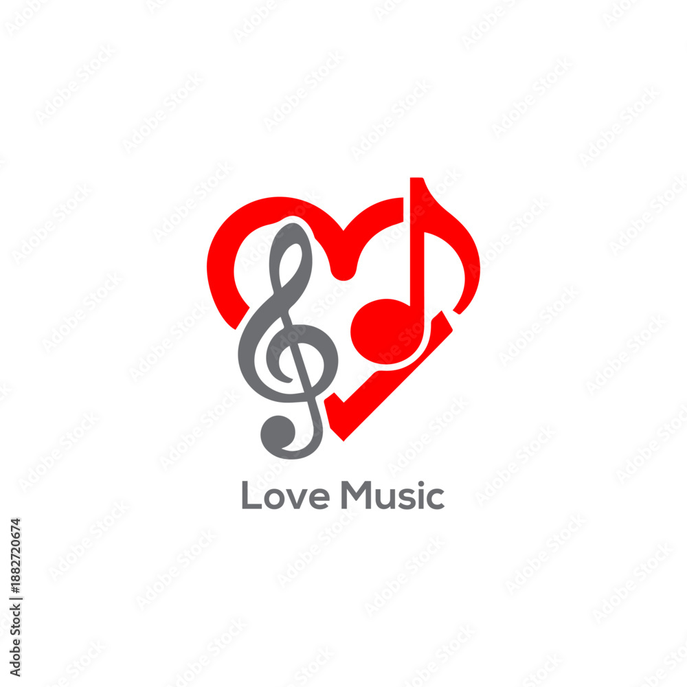 Fototapeta premium Creative love music logo featuring a red heart with a treble clef and musical notes for romantic audio branding 