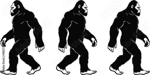 Bigfoot silhouette walking collection showing mythical sasquatch creature profiles isolated black vector illustration for folklore, mystery and cryptid concepts