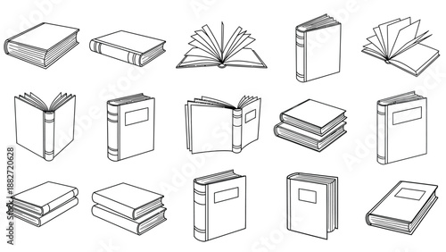 Collection of outlined book illustrations showing closed, open, and stacked forms