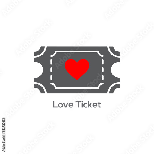 Love ticket logo featuring a red heart on a gray cinema style voucher for romantic events and movie nights
