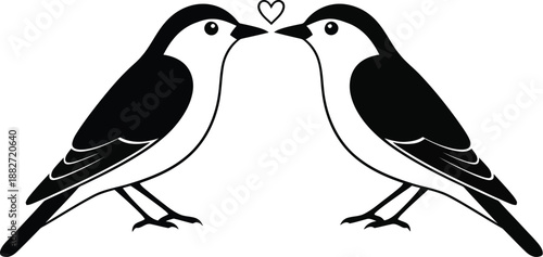 Two black and white birds sharing a romantic kiss with a heart above them