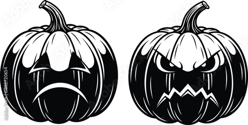 Black and white Halloween pumpkin faces set with sad and angry expressions isolated on white background spooky vector illustration