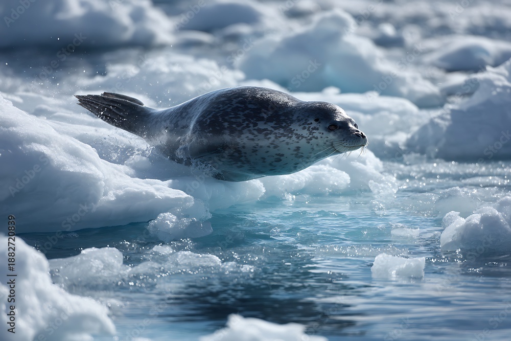 Fototapeta premium A leopard seal gliding smoothly through icy cold waters surrounded by floating ice chunks