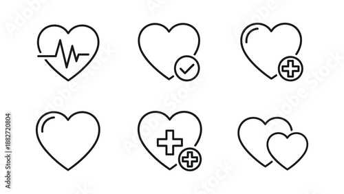 Collection of six line icons representing heart health and favorite concepts